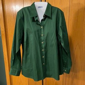 Women’s Lands End Long Sleeve Button Down Shirt, Size L (14-16), Dark Green